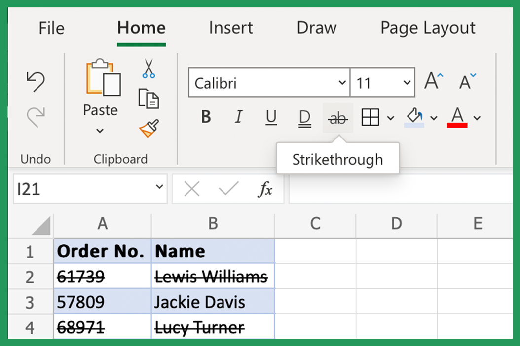 Screenshot showing Strikethrough Excel Formatting button