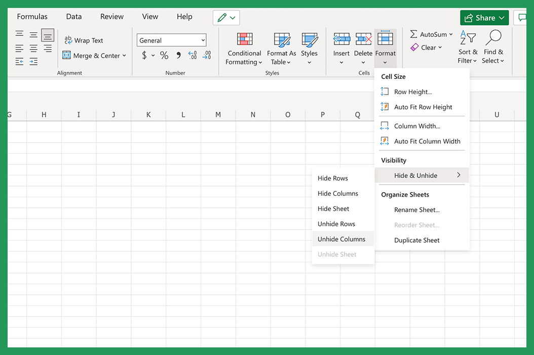 Screenshot showing how to unhide a column in Microsoft Excel