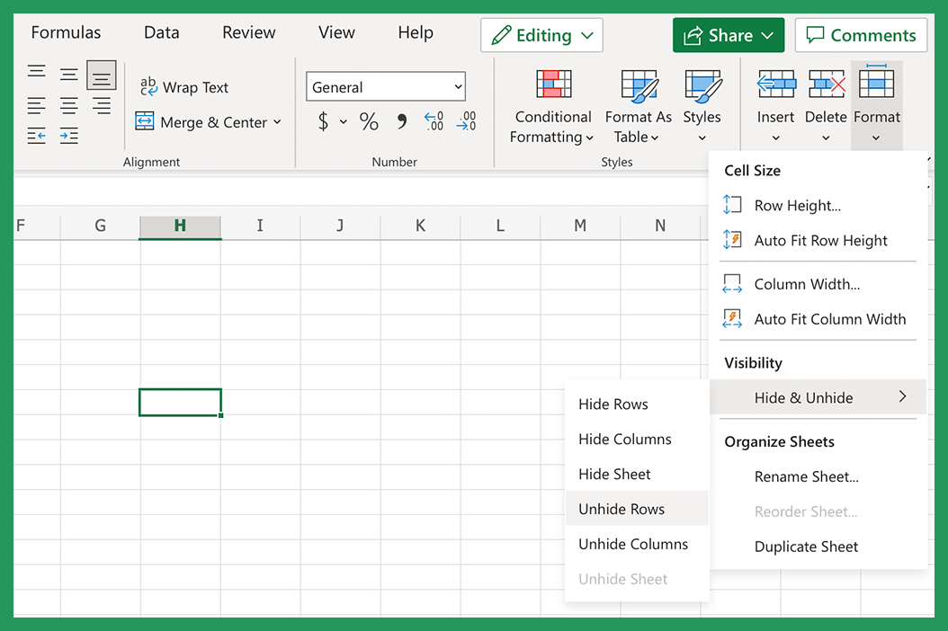Screenshot showing how to unhide rows in Excel with Format ribbon.