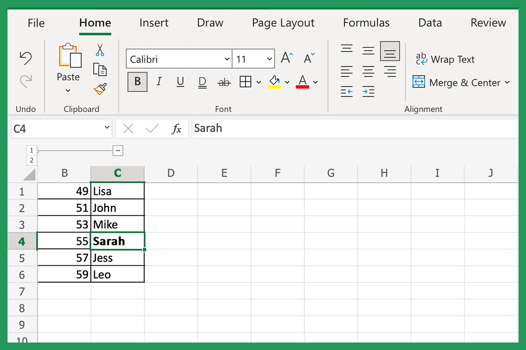 Screenshot using the bold command in Excel