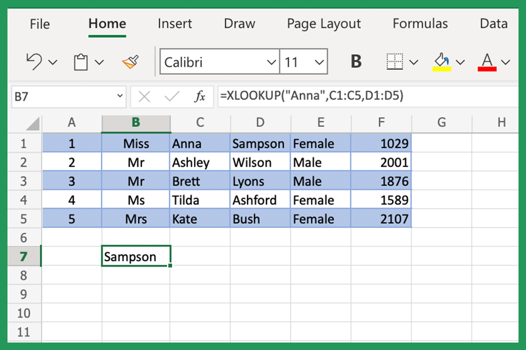 Xlookup formula to retrieve last name of Example