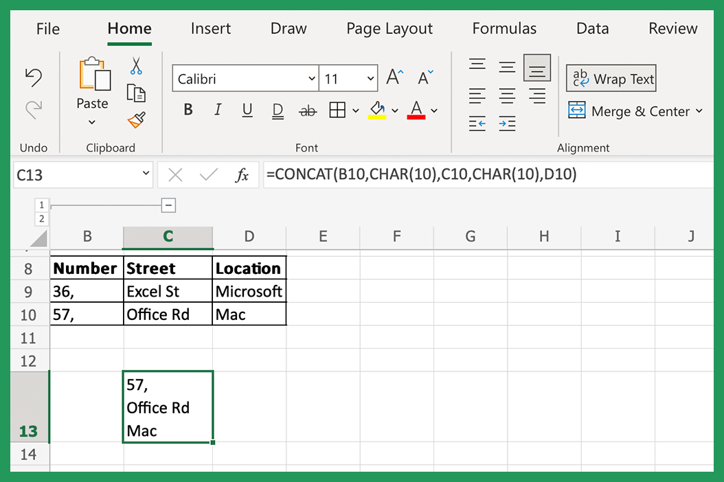 Screenshot showing how to Wrap text strings in Excel