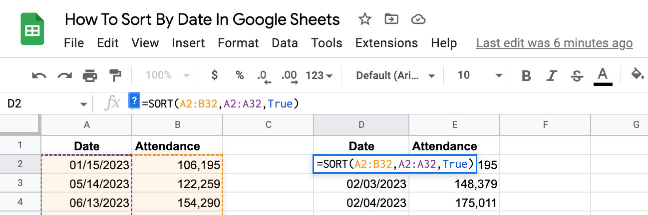 Using the sort function to sort by date