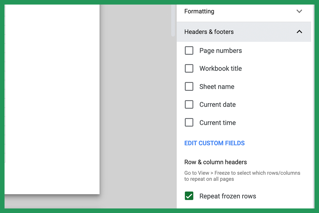 Header and Footer Options Google Sheets