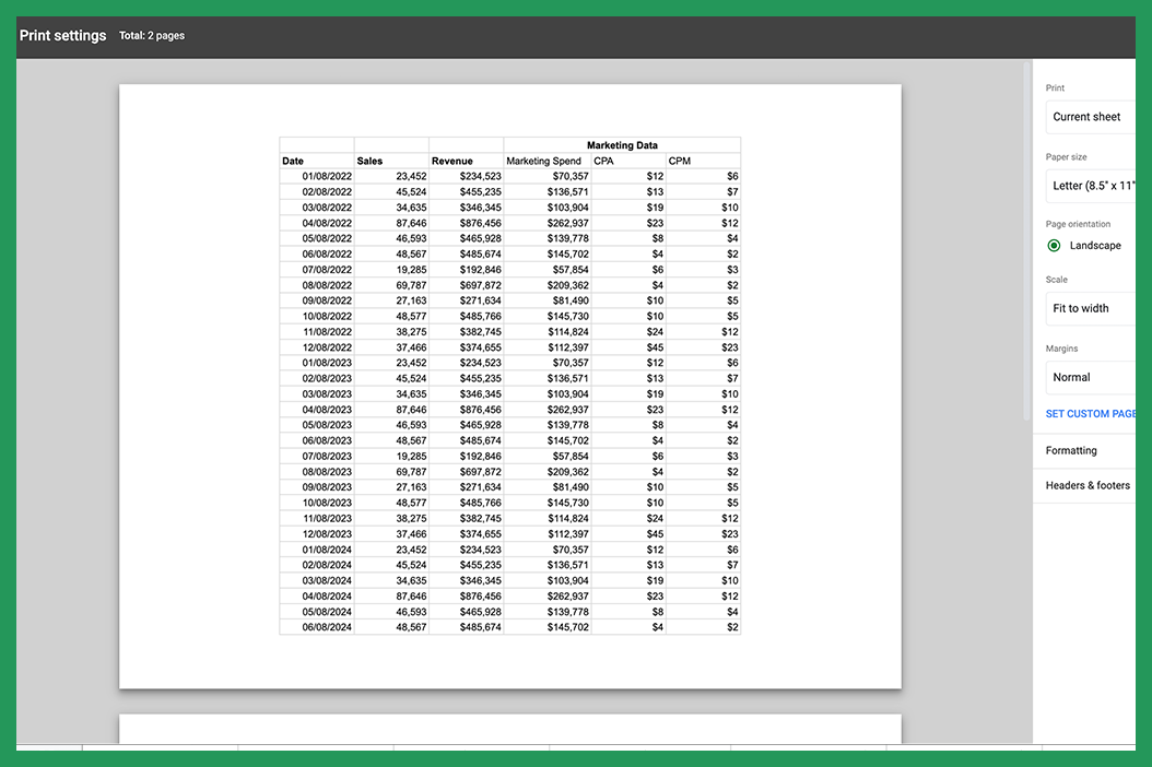 Print Settings in google sheets