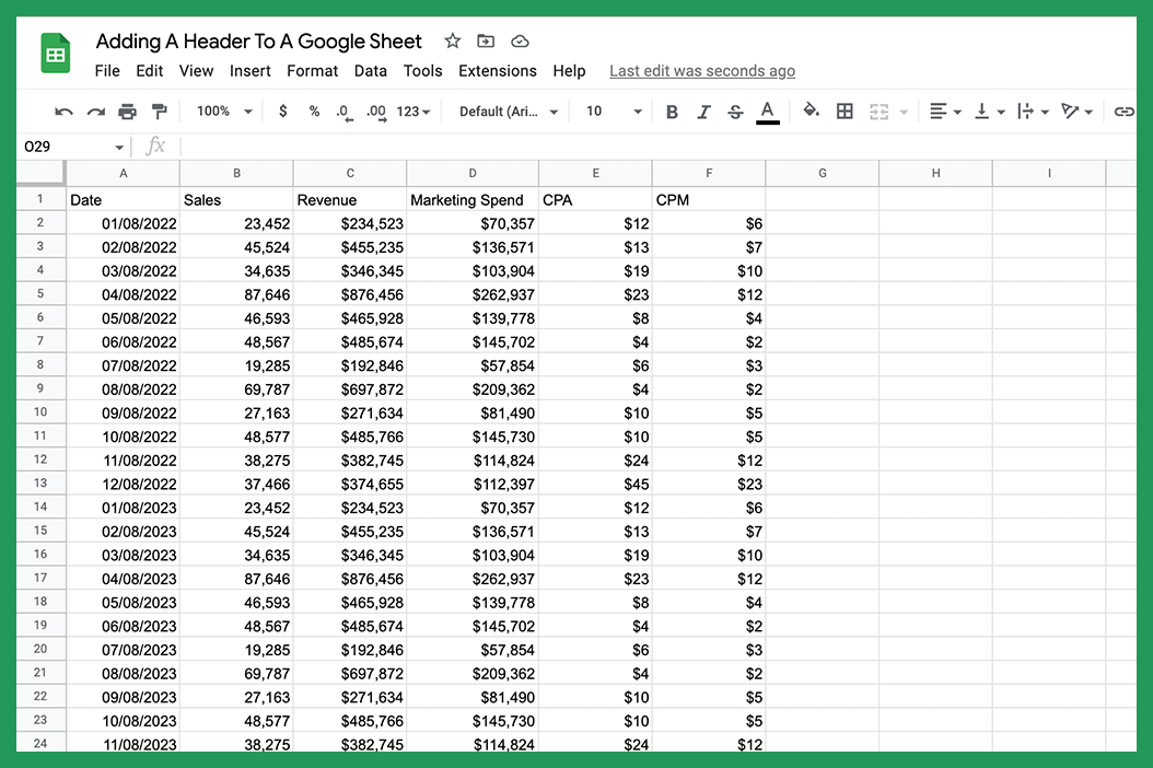 Sample Data For Adding A Header To Google Sheets