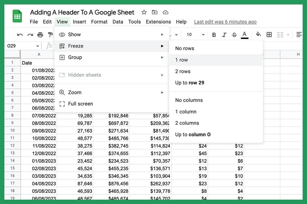 Google Sheet with method of creating a header row highlighted