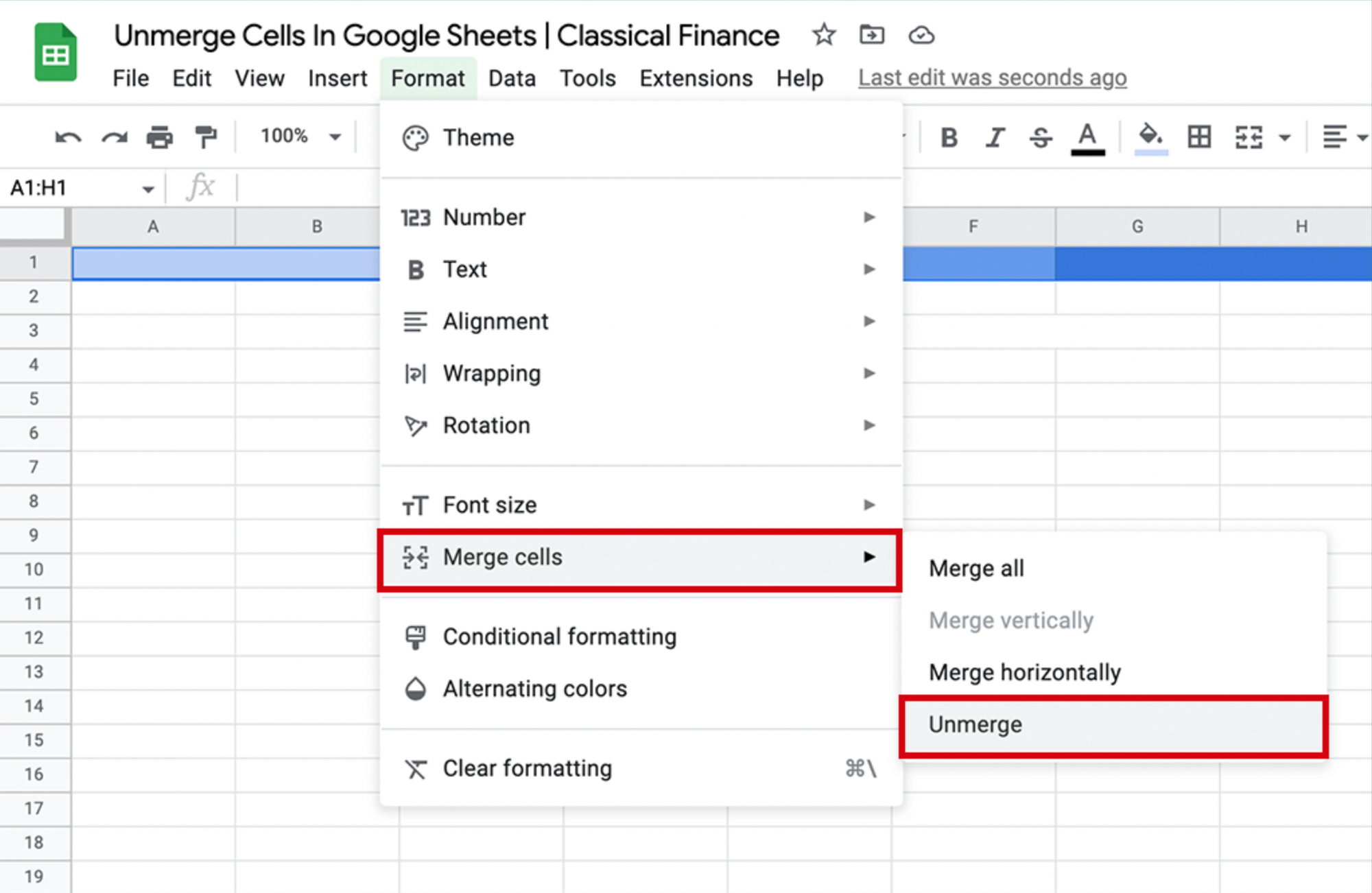 Unmerge Cells in google sheets