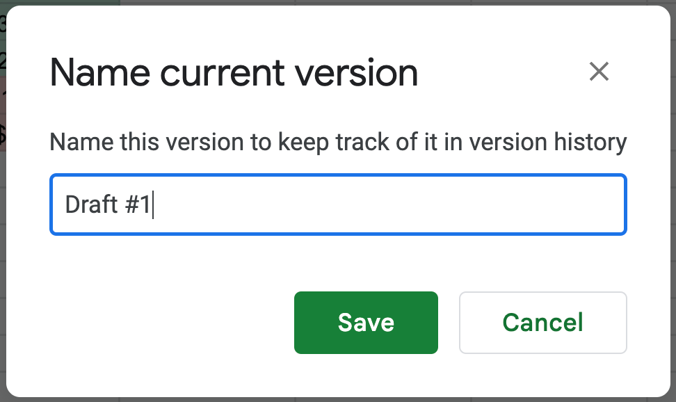 dialog box for naming current version