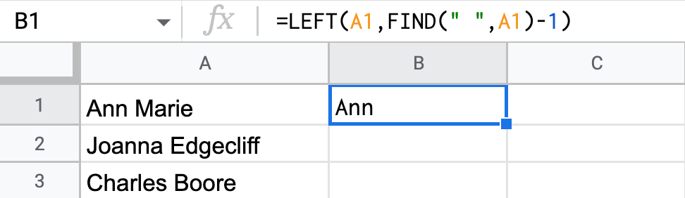 Left function to split names in google sheets