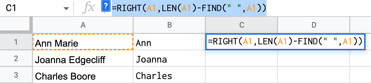 right function to split first names and last names in google sheets