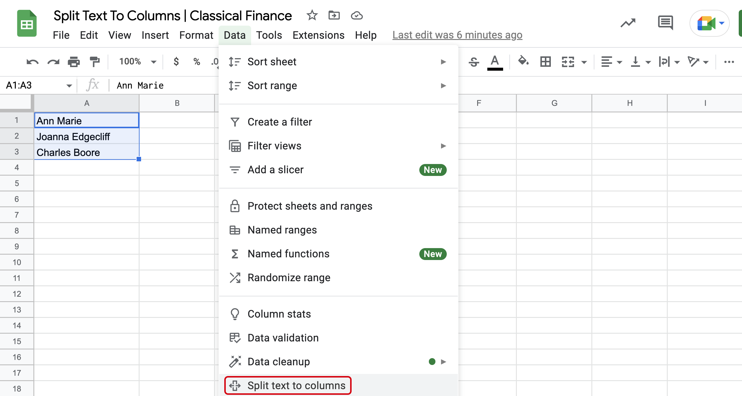 Split text to columns to separate first and last names in google sheets