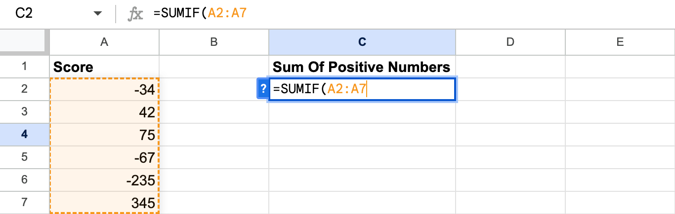 Inputting the range for the SUMIF function