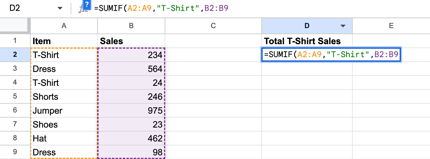 SUMIF function for calculating total number of T-Shirts