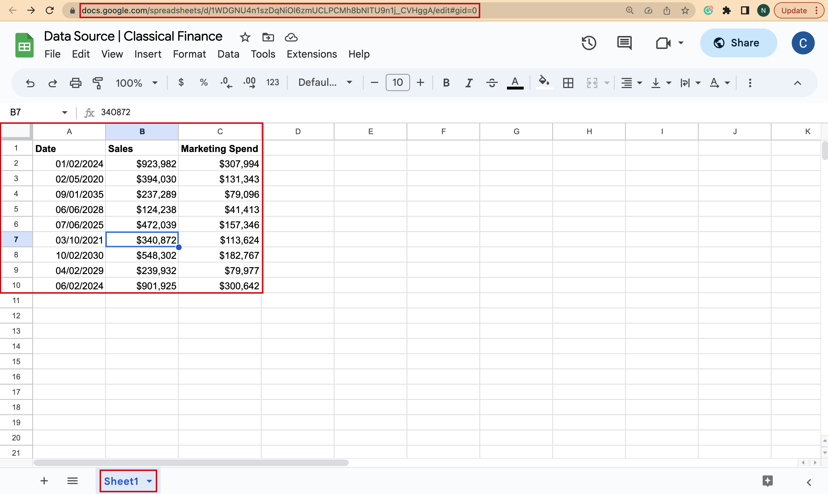 Example data ready for import for importrange function example in google sheets