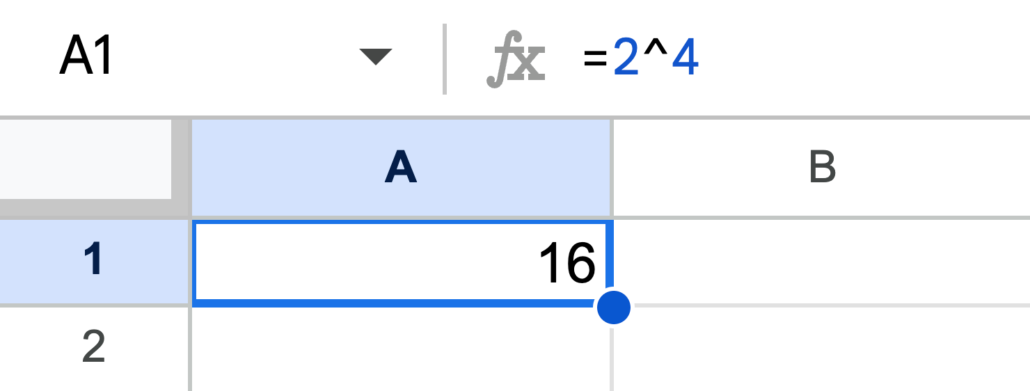 Exponent example Google Sheets 2^4
