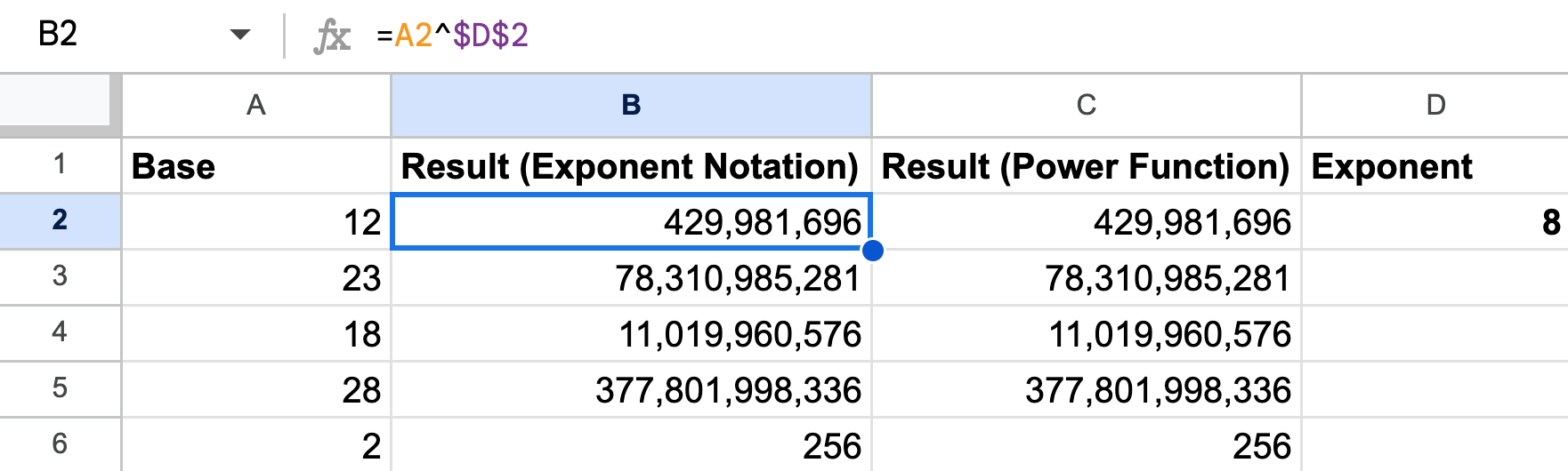 How To Use Exponents In Google Sheets