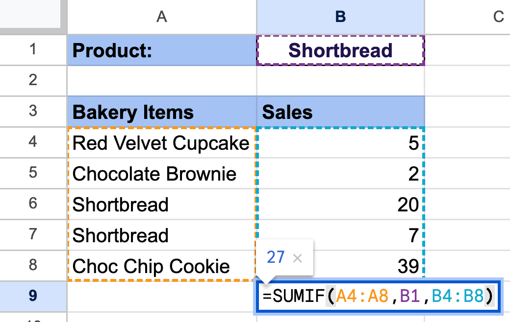 Sum if cell contains example