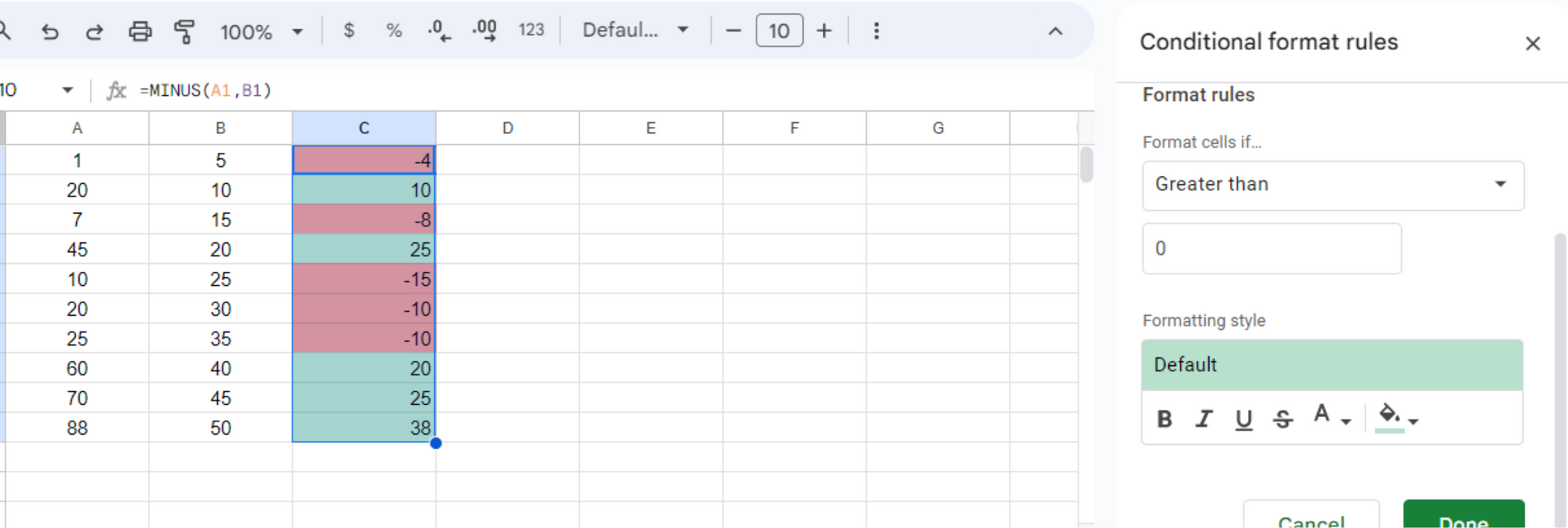 Combining minus function and conditional formatting 