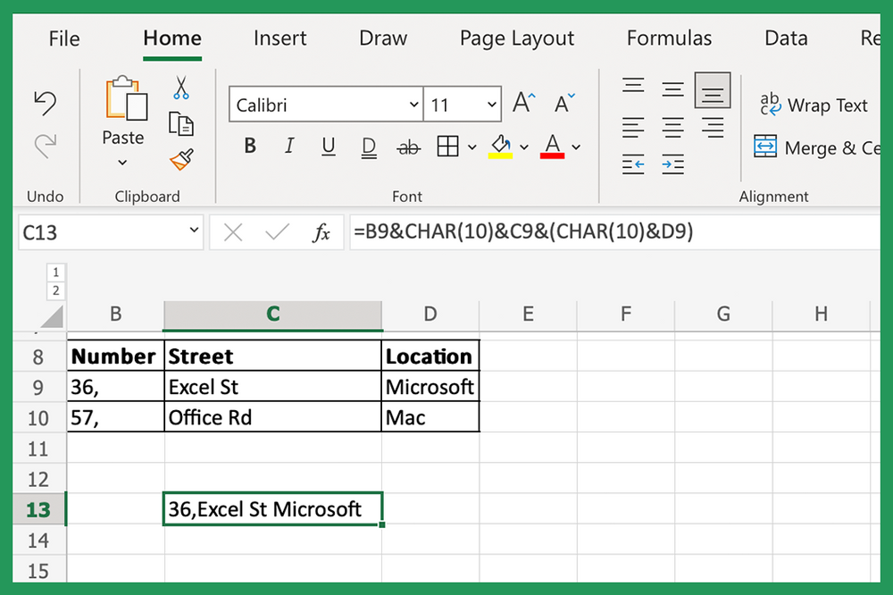 excel add new line in string formula